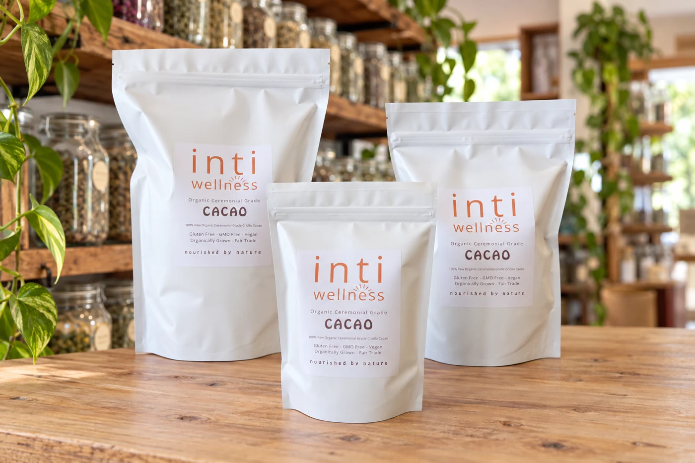 Product scene mockup of three Inti Wellness cacao pouches with softly blurred shop shelves and plants